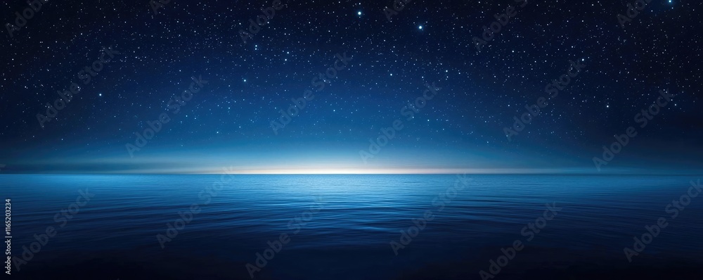 Starry abstract background concept. A serene night sky illuminating calm waters and distant stars on the horizon. Starry abstract background concept. A serene night sky illuminating calm waters and distant stars on the horizon.