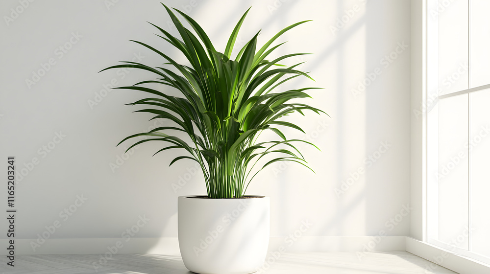 Fototapeta premium Minimalist Green Plant in White Pot Against White Wall with copy space