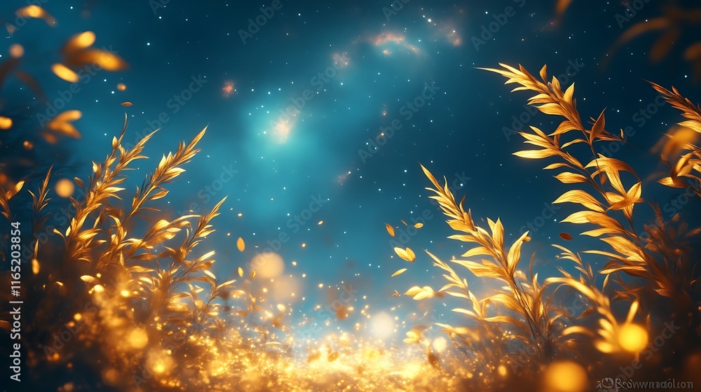 Obraz premium Golden Plants Glowing Underneath A Night Sky