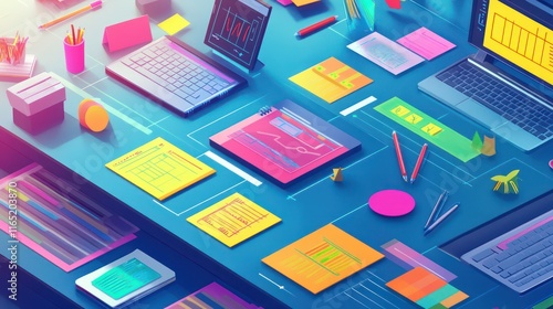 Wallpaper Mural A collaborative workspace with digital devices, sticky notes, and colorful brainstorming charts. Torontodigital.ca