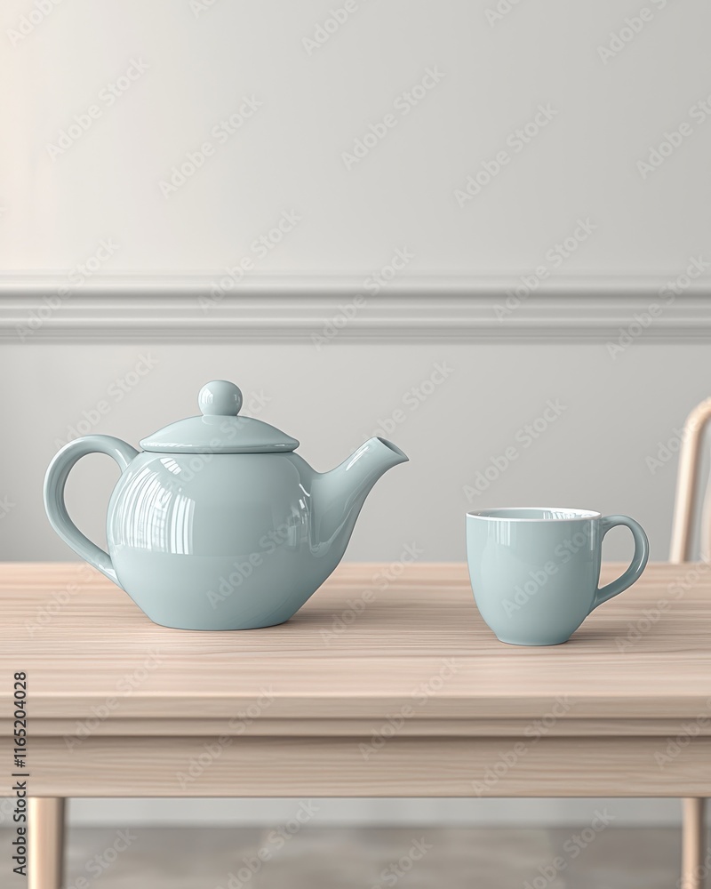 Tea time serenity teapot and cup on wooden table minimalist interior natural light cozy ambiance Tea time serenity teapot and cup on wooden table minimalist interior natural light cozy ambiance