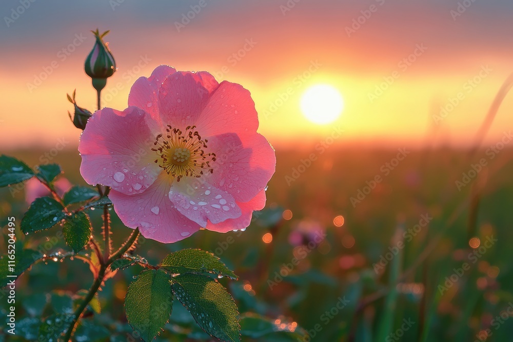 Pink rose blooming in meadow at sunset with dew drops Pink rose blooming in meadow at sunset with dew drops