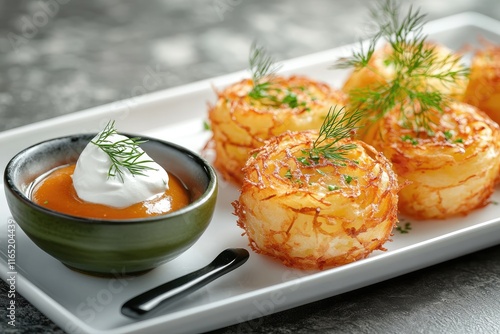 Crispy potato pancakes with dill and sour cream served with tomato sauce photo