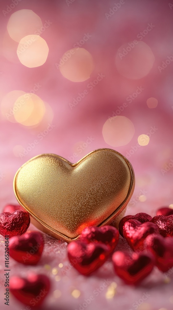 Obraz premium Pink gemstone heart shining on rose petals background
