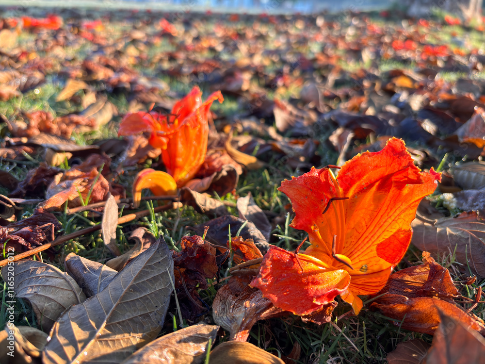 A field of orange flowers with brown leaves on the ground A field of orange flowers with brown leaves on the ground