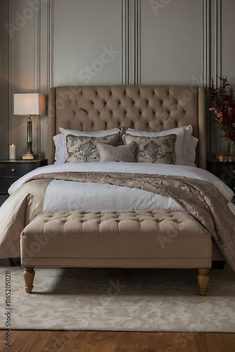 A beige upholstered bed with a tufted headboard, matching bench, white bedding, and patterned throw. The room features neutral walls, wood floors, and a small nightstand.