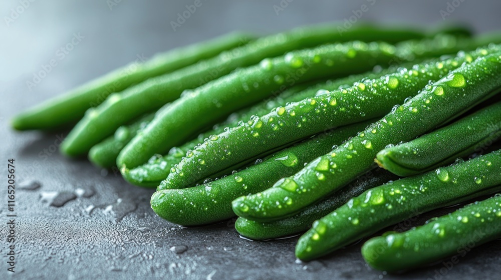 Fresh green beans with water droplets on dark background. (1) Fresh green beans with water droplets on dark background. (1)