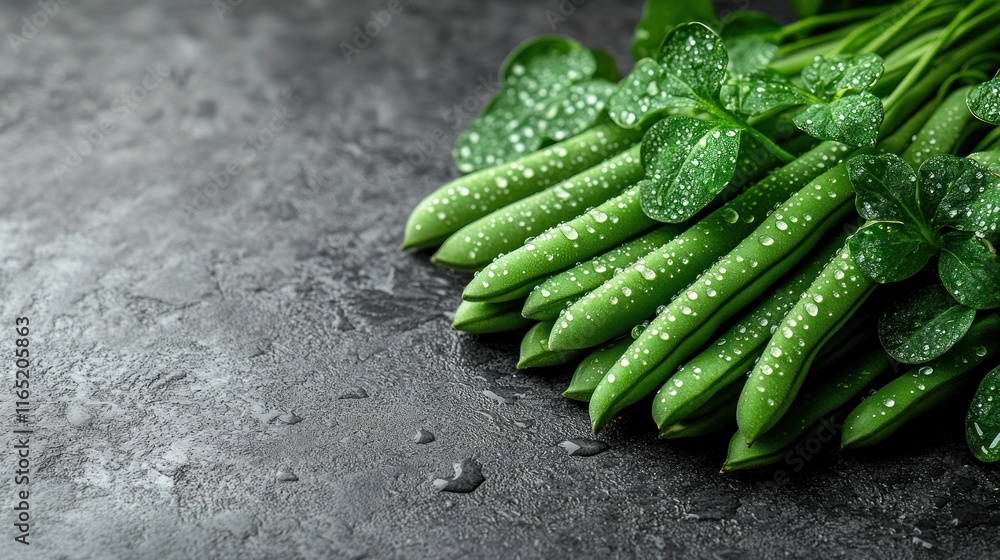 Fresh green beans and clover leaves with water droplets on dark background. Fresh green beans and clover leaves with water droplets on dark background.