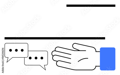 Hand reaching out, speech bubbles with ellipses, and horizontal lines. Ideal for communication, support, help, interaction, outreach conversation assistance. Line metaphor