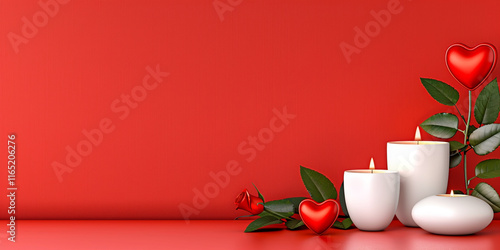 3D Rendering of a Romantic Setting with Red Velvet Chairs, Heart-Shaped Decorations, and Candlelight for Valentine's Day, Weddings, and Romantic Celebrations photo