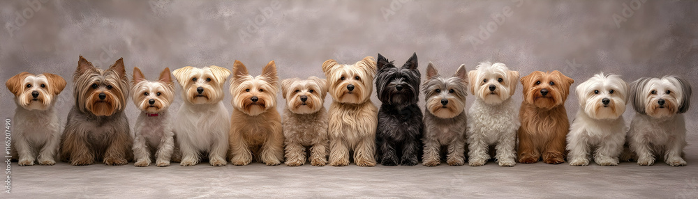 Adorable Dog Group Portrait, Small Breed Dogs Sitting Together Calmly, Showing Their Unique Coats and Personalities. Adorable Dog Group Portrait, Small Breed Dogs Sitting Together Calmly, Showing Their Unique Coats and Personalities.