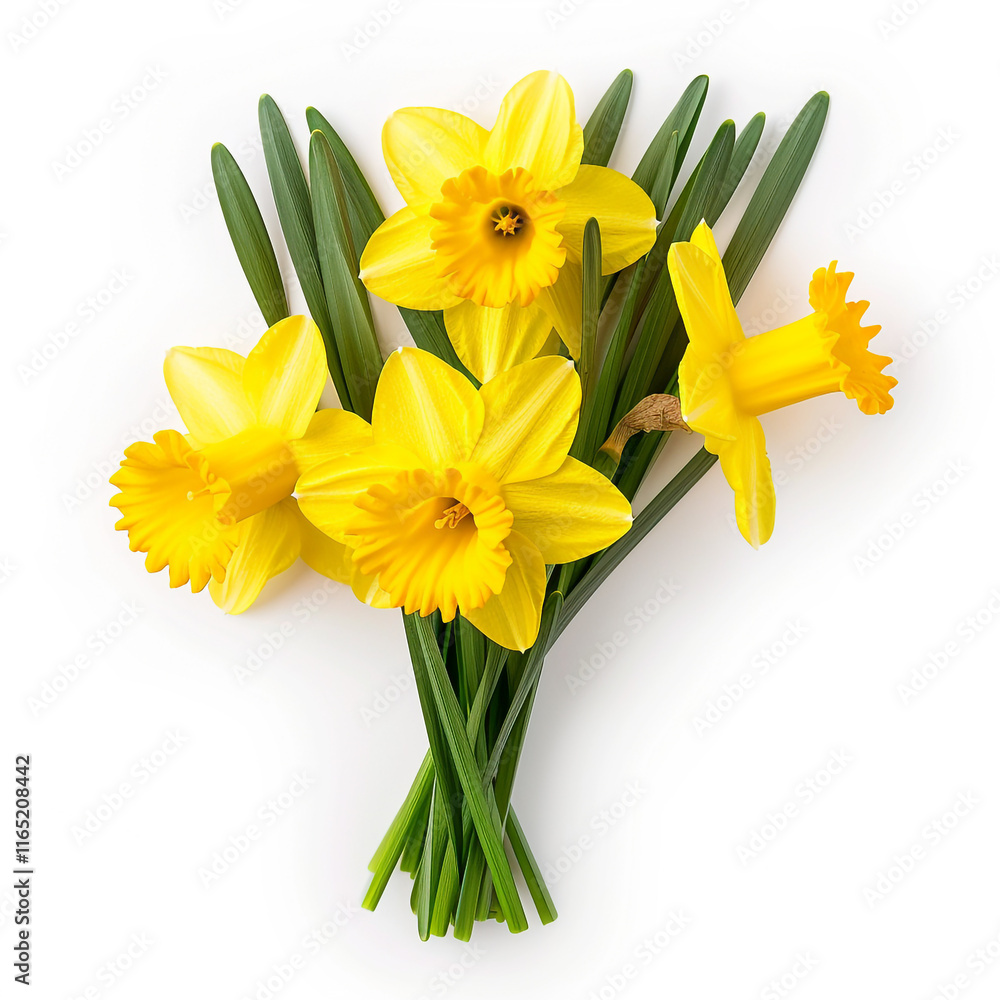 Fototapeta premium A Bunch of Yellow Daffodils in Full Bloom Against a White Background, Representing the Beauty of Spring and Fresh Flowers 