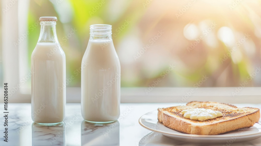 Breakfast preparation toast with butter and milk bottles kitchen food natural light close-up view healthy living Breakfast preparation toast with butter and milk bottles kitchen food natural light close-up view healthy living