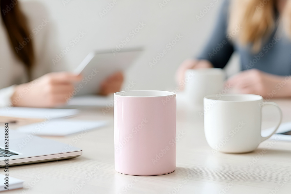 Pink Mug on Office Desk with Colleagues, Working Efficiently and Collaboratively in a Modern Workspace. Pink Mug on Office Desk with Colleagues, Working Efficiently and Collaboratively in a Modern Workspace.