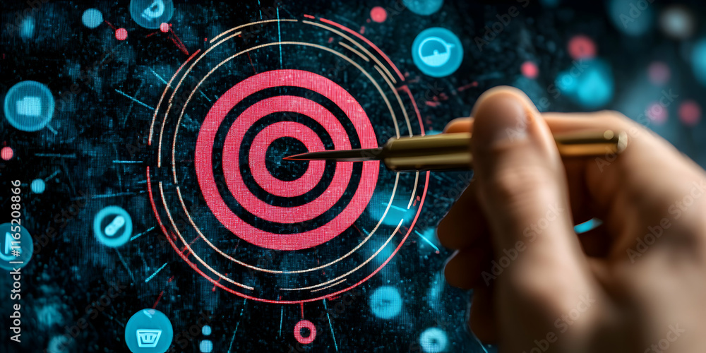 Obraz premium Achieving Strategic Goals, Dart Hits Target Center Precisely, Illustrating Perfect Accuracy & Efficient Business Strategy Execution.