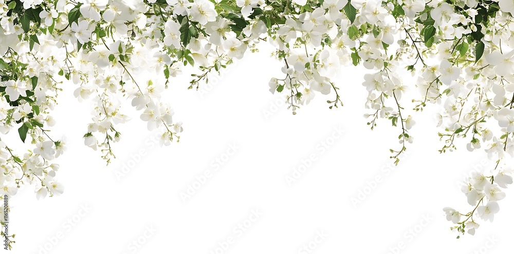 A border of white blossoms along the top and bottom edges, spring border A border of white blossoms along the top and bottom edges, spring border