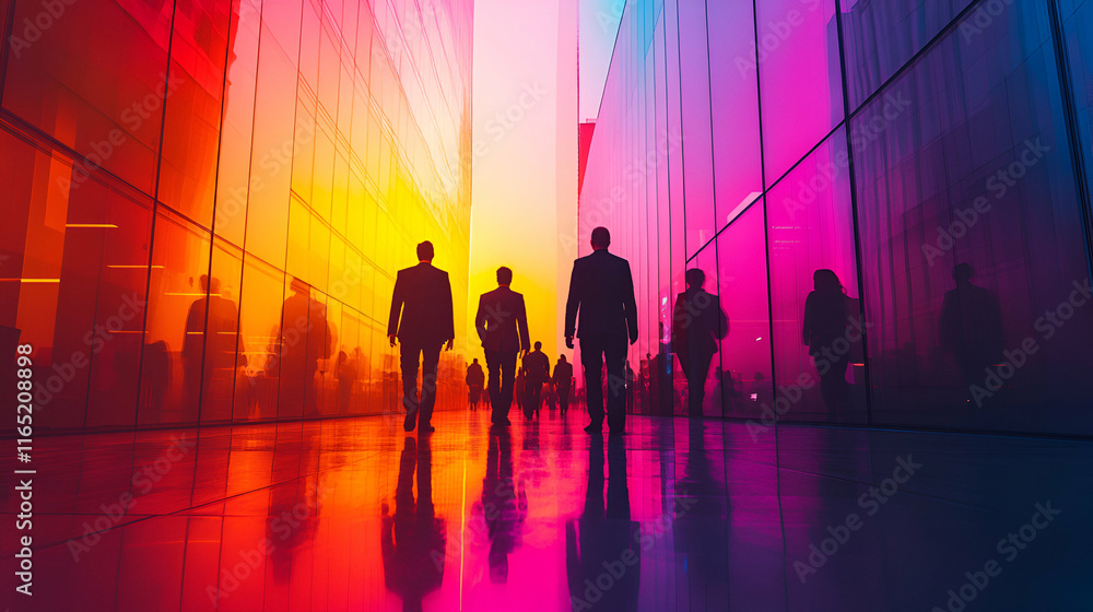 Fototapeta premium Silhouettes of Businesspeople Walking Towards Sunset in Vibrant Cityscape, Reflecting Ambition and Progress in Modern Business.