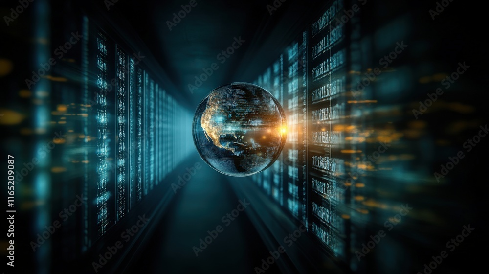 Obraz premium Surreal digital landscape featuring a glowing globe surrounded by streams of binary code, representing data, technology, and global connectivity in a futuristic setting.