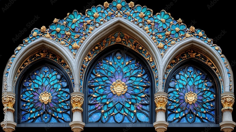 Intricate Stained Glass Window Design Featuring Floral Patterns and Elegant Archways with Exquisite Gold Detailing and Rich Blue Tones Highlighting Artistic Craftsmanship Intricate Stained Glass Window Design Featuring Floral Patterns and Elegant Archways with Exquisite Gold Detailing and Rich Blue Tones Highlighting Artistic Craftsmanship