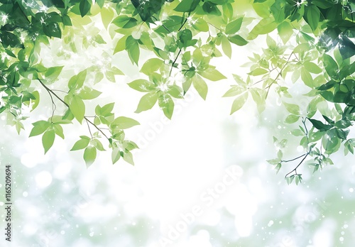 A beautiful spring background with green leaves and sunlight,