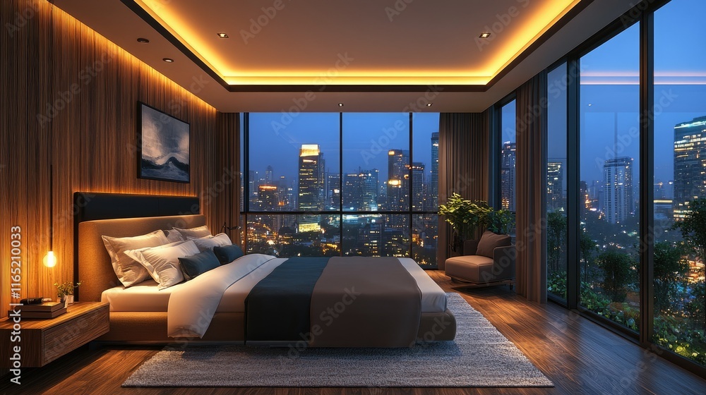 Naklejka premium Nighttime bedroom with city view and warm lighting.