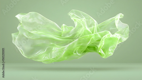 Abstract Green Fabric Swirls in Air, Elegant Flowing Textile Design, Creates a Serene Atmosphere, Visually Appealing