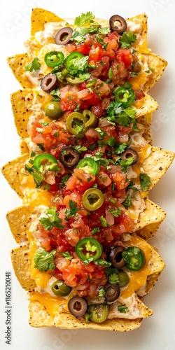 Delicious nachos topped with salsa, cheese, and fresh ingredients on a white plate.
