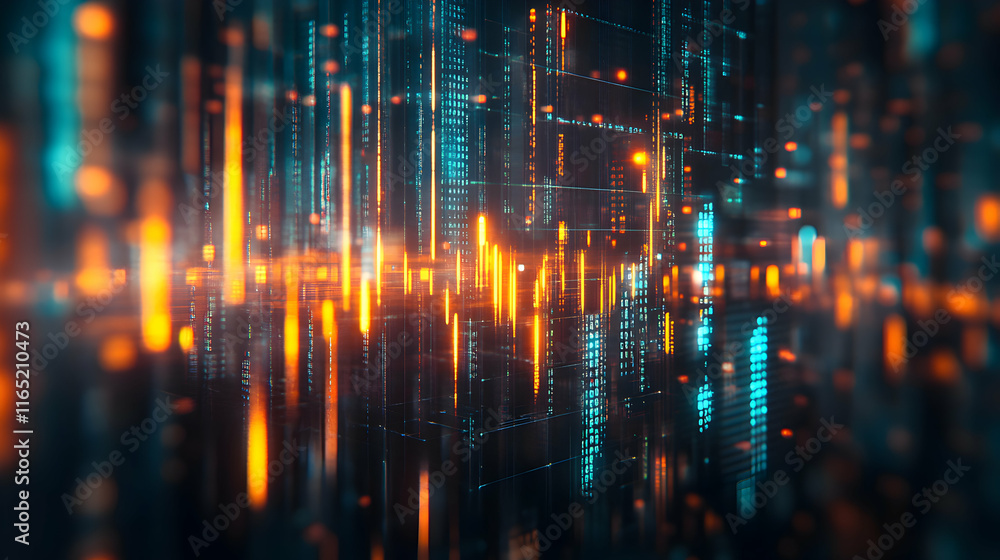 Fototapeta premium Digital Matrix, Data Streams Flowing Dynamically, Illuminating a Futuristic Cityscape with Vibrant Hues.