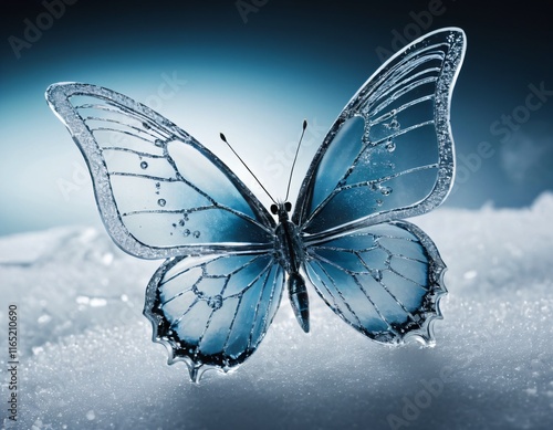 magical colorful crystal butterfly in  snow. High quality illustration. Ai generated image. photo