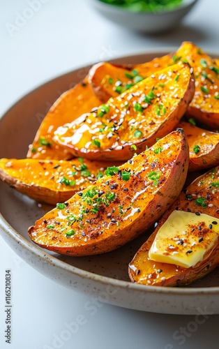 Delicious roasted potatoes with herbs and butter on a plate.
