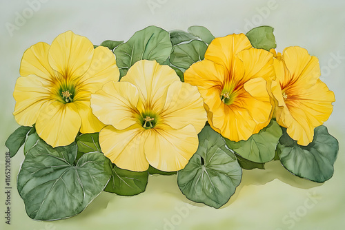Vibrant Yellow Flowers Bloom Beautifully in Watercolor Painting, Displaying Delicate Petals and Lush Green Foliage.