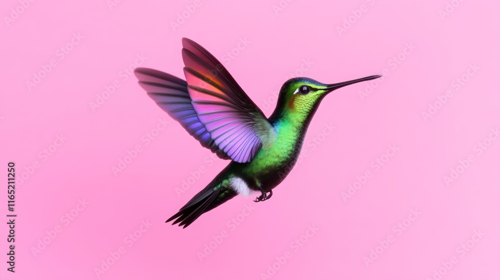 Fototapeta premium A vibrant hummingbird in flight against a pink background.