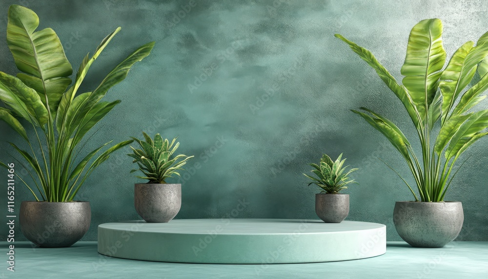 Fototapeta premium Serene Green Studio Scene with Plants and Minimalist Display Platform