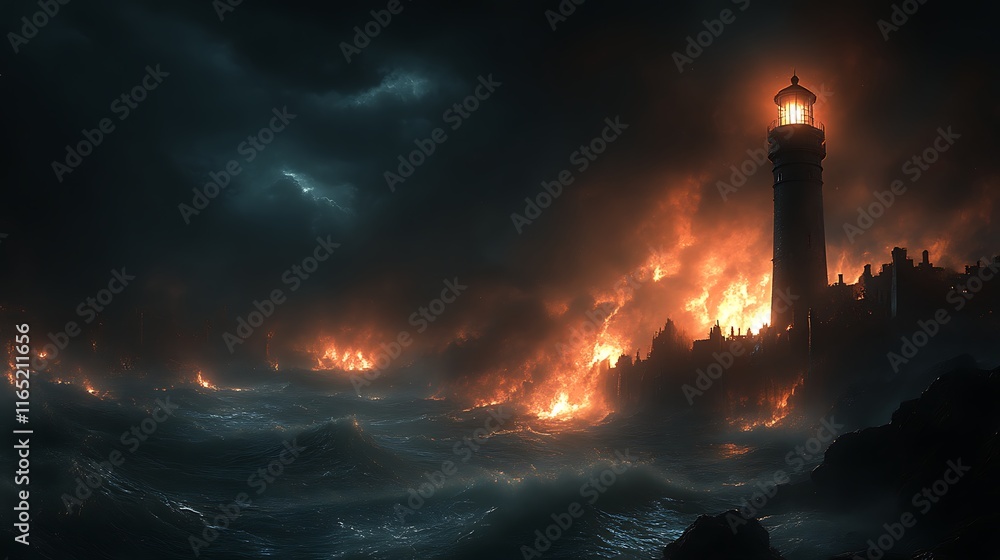 A Lighthouse Stands Strong Amidst Coastal Fire and Storm A Lighthouse Stands Strong Amidst Coastal Fire and Storm