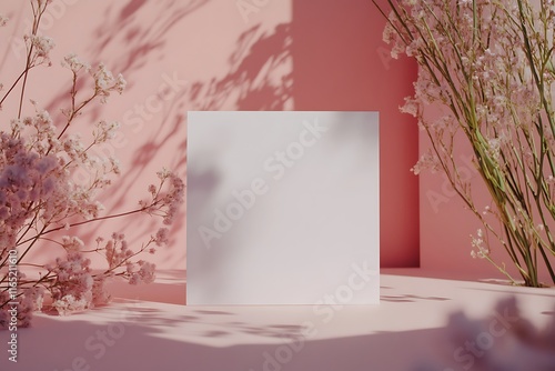A blank white square card on a pink spring  background with flowers