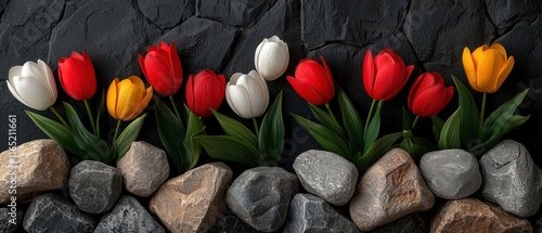 A colorful array of spring flowers growing along a charming stone wall photo