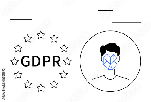 GDPR acronym encircled by stars next to a human face outlined with facial recognition lines. Ideal for privacy, data governance, biometric technology, cybersecurity, compliance, AI ethics, abstract