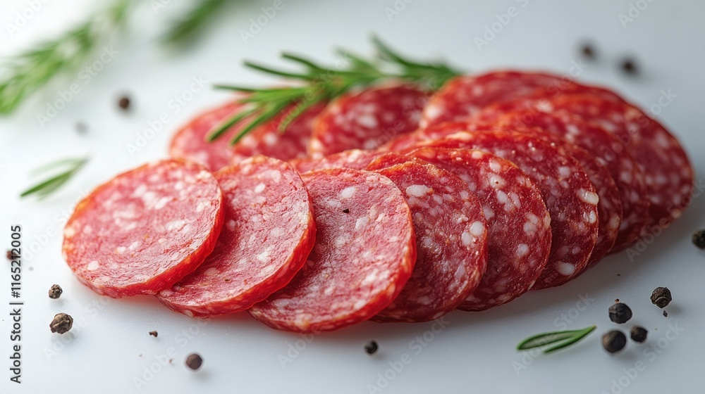 Thinly sliced salami with rosemary and peppercorns. Thinly sliced salami with rosemary and peppercorns.