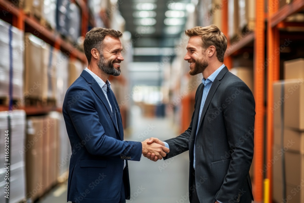 Successful Business Partnership: Two Smiling Men in Suits Shake Hands in a Warehouse Successful Business Partnership: Two Smiling Men in Suits Shake Hands in a Warehouse