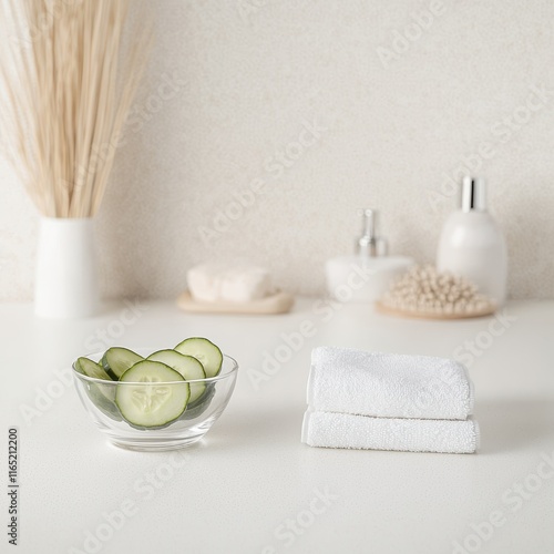 Relaxing spa treatment with cucumber slices minimalist bathroom wellness atmosphere calm environment photo