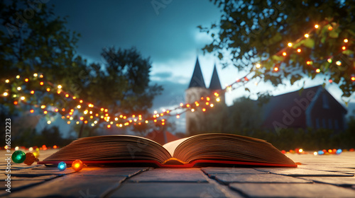 Open Book on Cobblestone Path, Festive Lights Glow, Church in Background