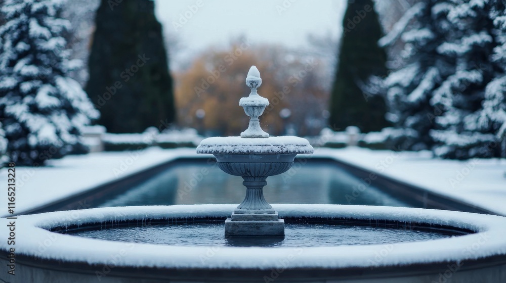 Naklejka premium Serene Winter Scene of a Fountain in a Snow-Covered Garden Surrounded by Tall Evergreen Trees Reflecting a Calm, Tranquil Atmosphere