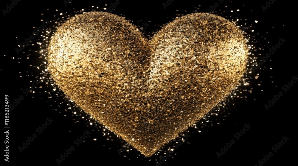 Golden heart shape made of shimmering glitter on a dark background. Perfect for Valentine's Day Golden heart shape made of shimmering glitter on a dark background. Perfect for Valentine's Day