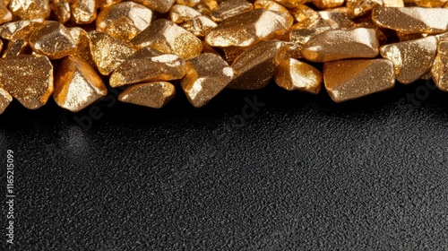 Golden Crushed Stones on a Dark Background, Sparkling Mineral Pieces Perfect for Creative and Artistic Projects Including Textures or Backgrounds photo