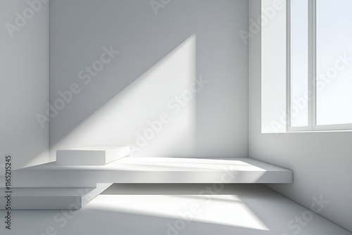 Wallpaper Mural Minimalist White Room Display Platform,  Sunlight illuminates the clean, modern design, perfect for product showcasing or artistic presentation. Torontodigital.ca