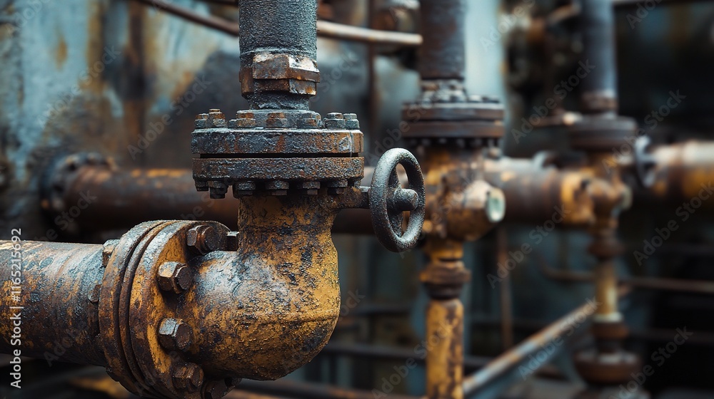 Industrial Zone with Rusty Steel Pipelines and Valves in Focus Industrial Zone with Rusty Steel Pipelines and Valves in Focus