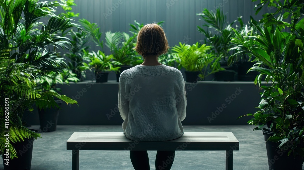 Serene Woman in Sweater Sitting on Bench Surrounded by Lush Green Plants in Modern Indoor Garden Space for Relaxation and Meditation Serene Woman in Sweater Sitting on Bench Surrounded by Lush Green Plants in Modern Indoor Garden Space for Relaxation and Meditation