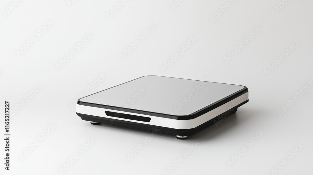 A digital kitchen scale with a sleek design, resting on a plain white backdrop A digital kitchen scale with a sleek design, resting on a plain white backdrop