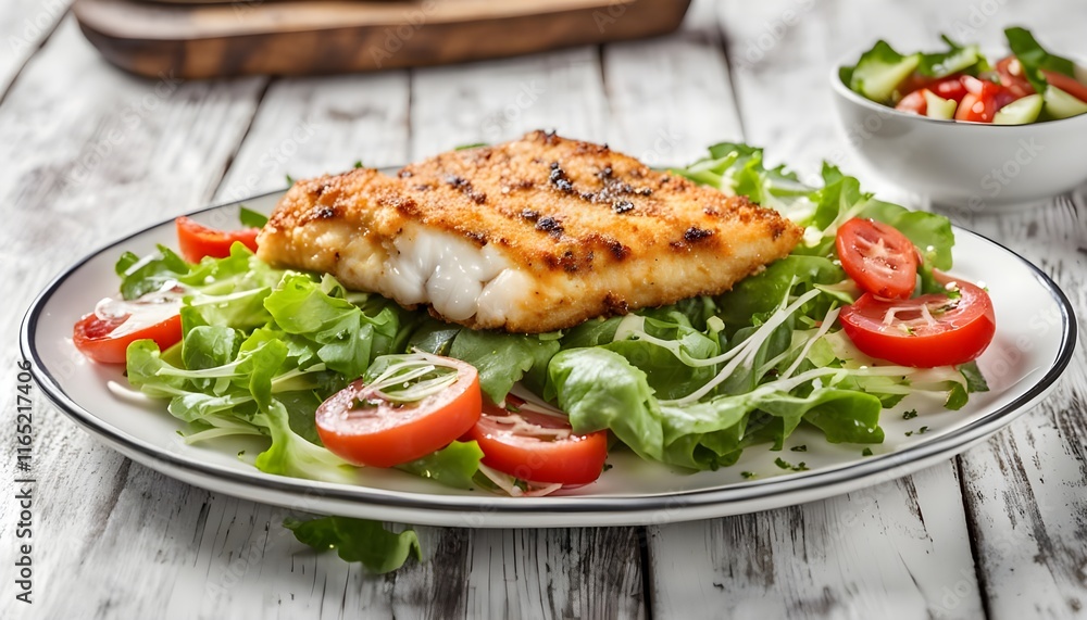 Fried cod fillet and salad in plate on white wooden background Fried cod fillet and salad in plate on white wooden background