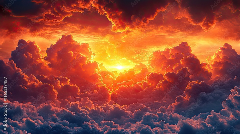 Fiery sky with textured clouds and radiant sunlight. Fiery sky with textured clouds and radiant sunlight.